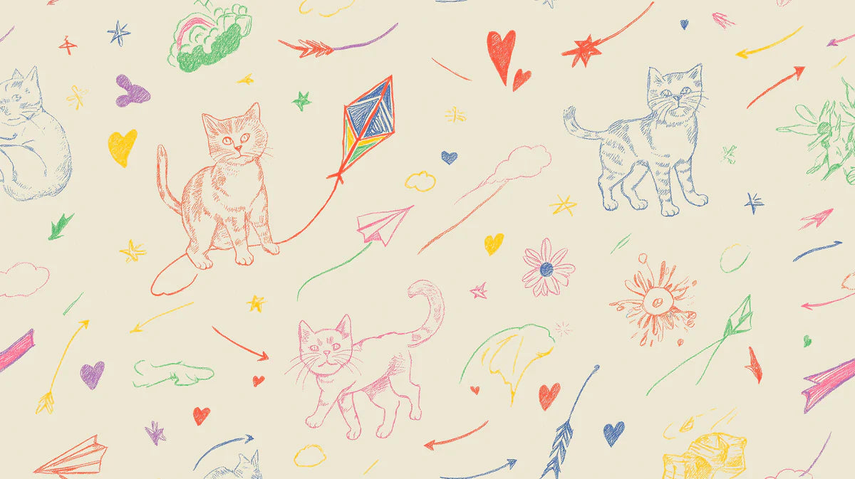 Cat and Kite Sketch Mural Wallpaper —Hand-Drawn Whimsical Pattern Mural Wallpaper - room preview 04