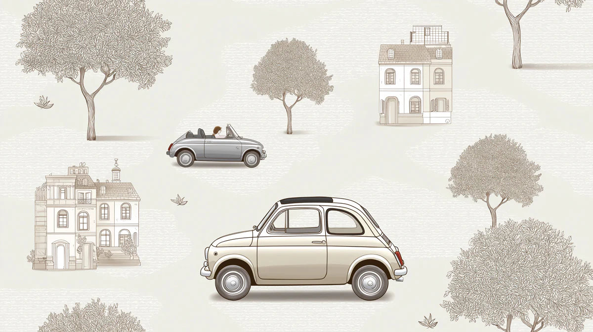 Vintage European City Car Mural Wallpaper — Sketch Scenic Design Mural Wallpaper - room preview 04