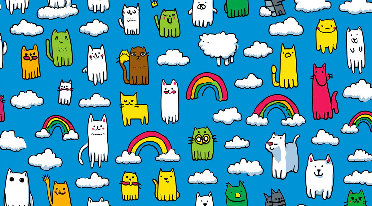 Playful Cat and Rainbow Doodle Mural Wallpaper — Vibrant Kids Style Mural Wallpaper - room preview 04