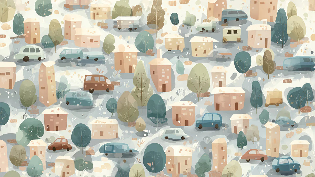 Watercolor Village and Cars Mural Wallpaper —Handcrafted Aesthetic Mural Wallpaper - room preview 04