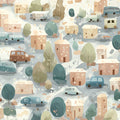 Watercolor Village and Cars Mural Wallpaper —Handcrafted Aesthetic Mural Wallpaper - room preview 04