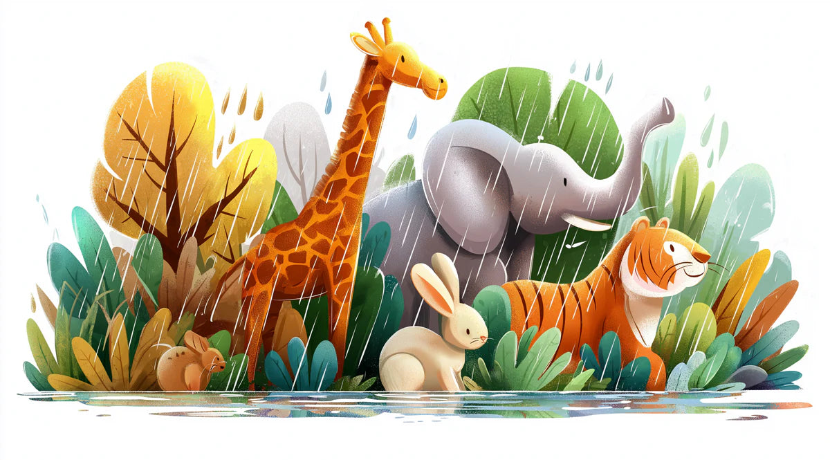 Safari Friends Rain Mural Wallpaper — Whimsical Jungle Illustration Mural Wallpaper - room preview 04