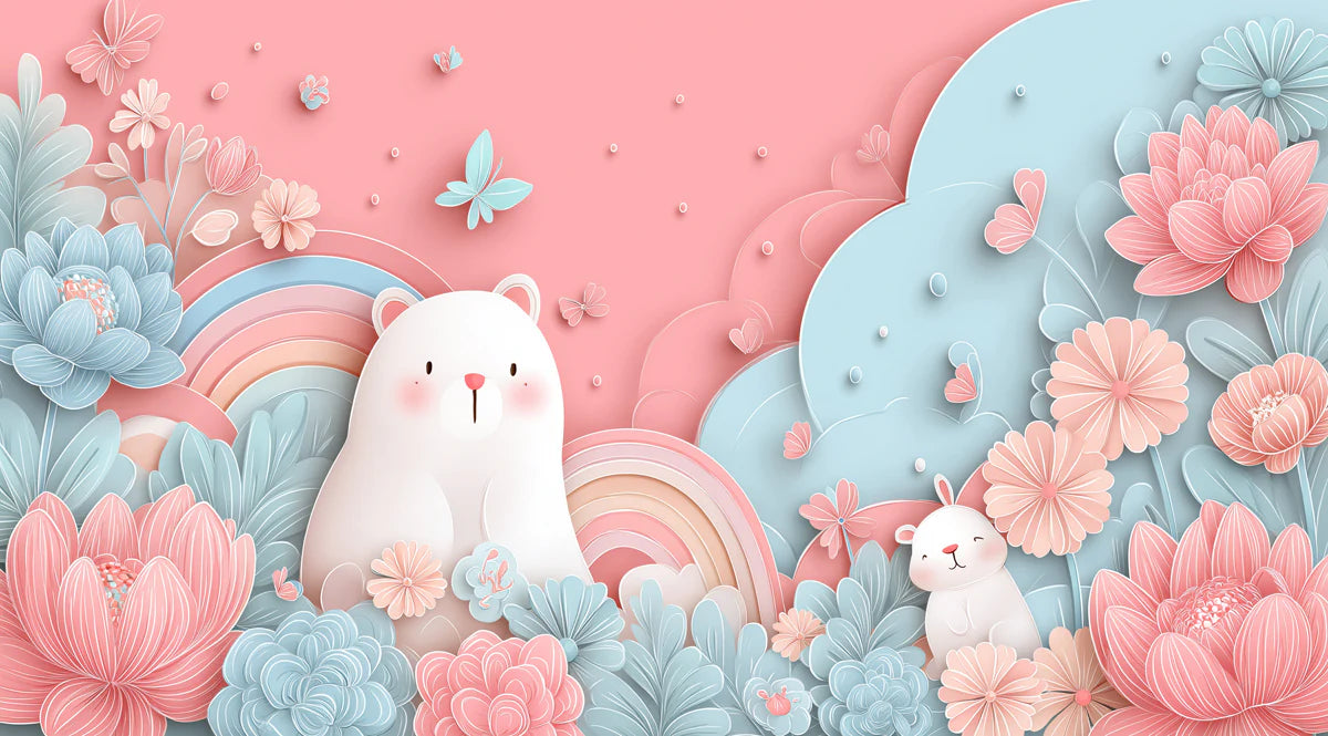 Paper-Cut Garden Bear and Bunny Mural — Whimsical Kids Wall Art Mural Wallpaper - room preview 04