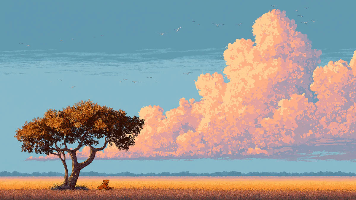 African Savannah Pixel Art Mural Wallpaper — Golden Horizon Scene Mural Wallpaper - room preview 04