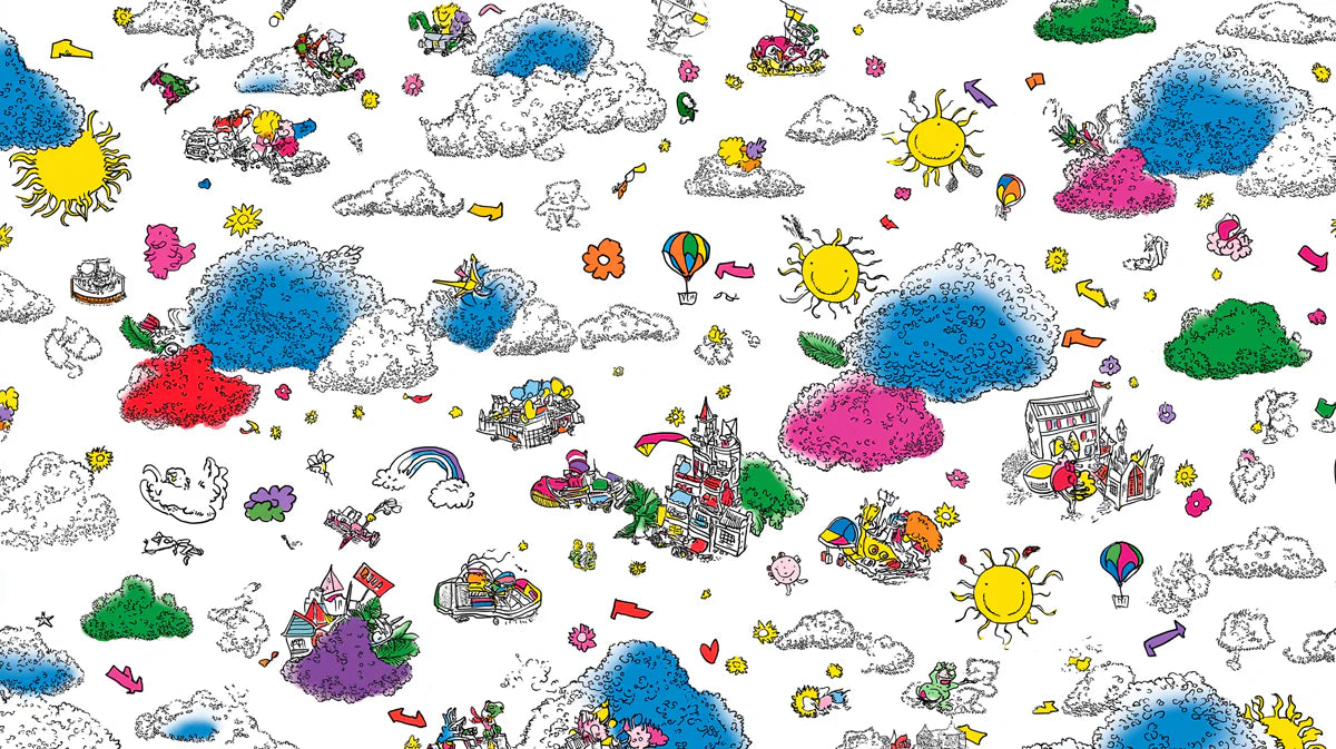 Whimsical Doodle Townscape Mural Wallpaper — Playful Pattern Mural Wallpaper - room preview 04