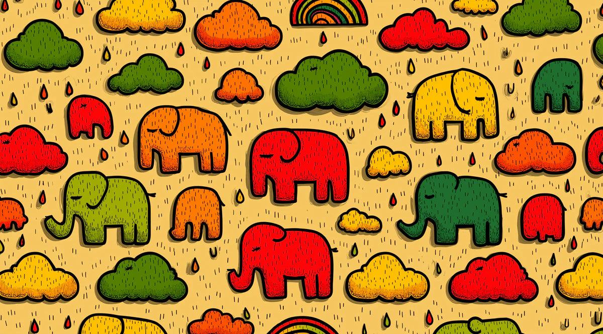 Playful Elephant Rain Mural Wallpaper — Vibrant Pop Art Pattern Mural Wallpaper - room preview 04