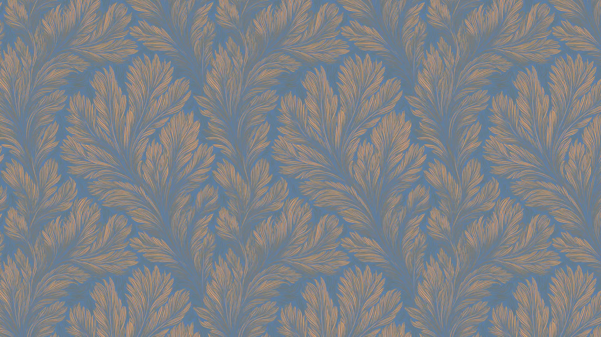Feathered Leaf Mural Wallpaper — Dusty Blue and Ochre Gold Mural Wallpaper - room preview 04