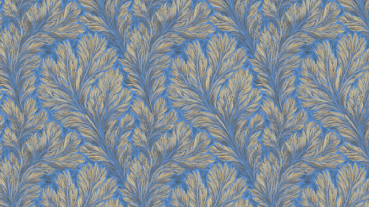 Feathered Leaf Mural Wallpaper — Elegant Painterly Blue and Gold Mural Wallpaper - room preview 04