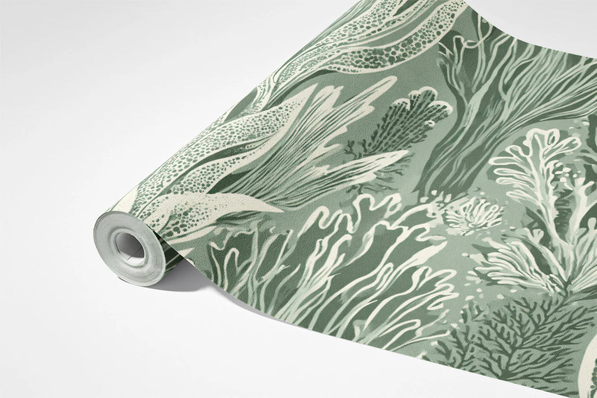 Abstract Seaweed Mural Wallpaper — Sage and Cream Botanical Mural Wallpaper - room preview 04
