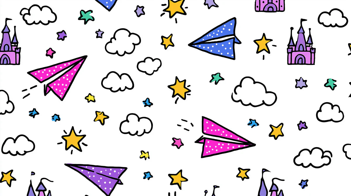 Enchanted Flight Doodle Mural Wallpaper — Playful Sky Pattern Mural Wallpaper - room preview 04