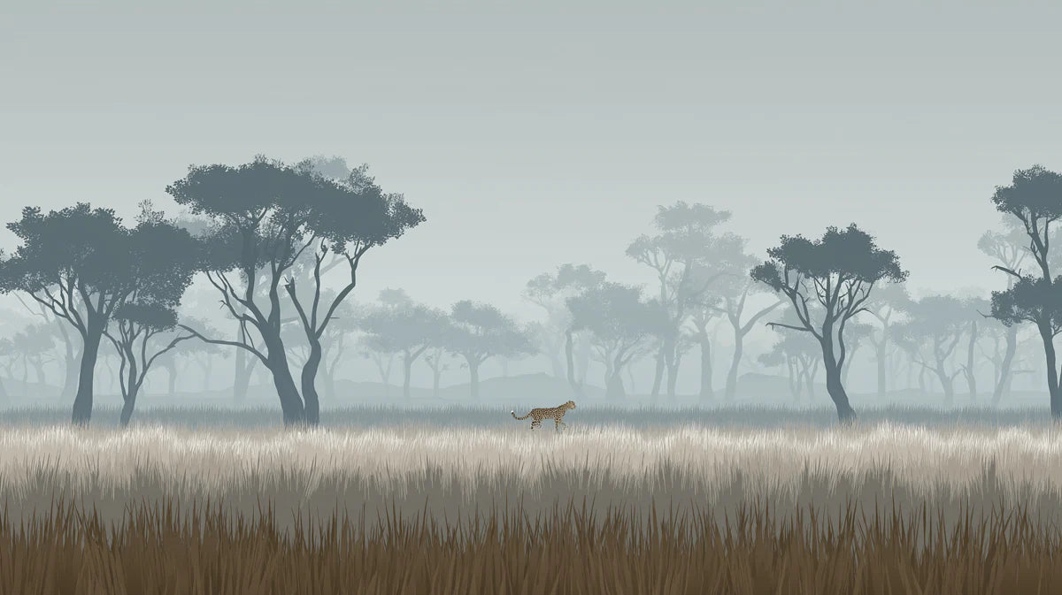 Misty Savanna Cheetah Mural Wallpaper — Atmospheric Landscape Mural Wallpaper - room preview 04