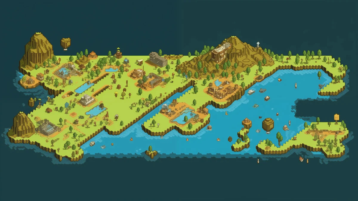 Fantasy Island Pixel Map Mural Wallpaper — Retro Isometric Design Mural Wallpaper - room preview 04