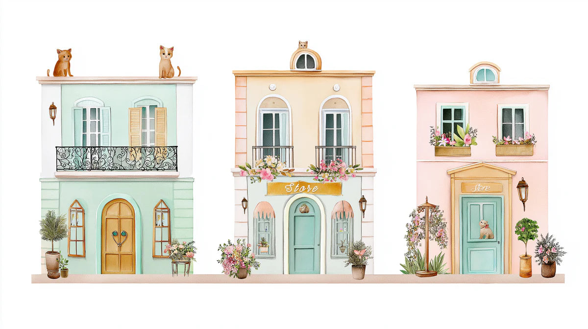 Charming European Storefronts Mural Wallpaper — Whimsical Townhouse Art Mural Wallpaper - room preview 04