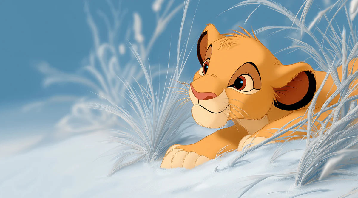 Lion Cub in Snowy Grass Mural Wallpaper — Cinematic Animation Style Mural Wallpaper - room preview 04