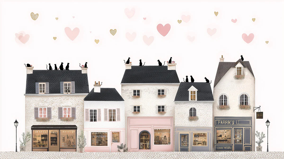 French Boutique Row Mural Wallpaper — Playful Parisian Street Scene Mural Wallpaper - room preview 04