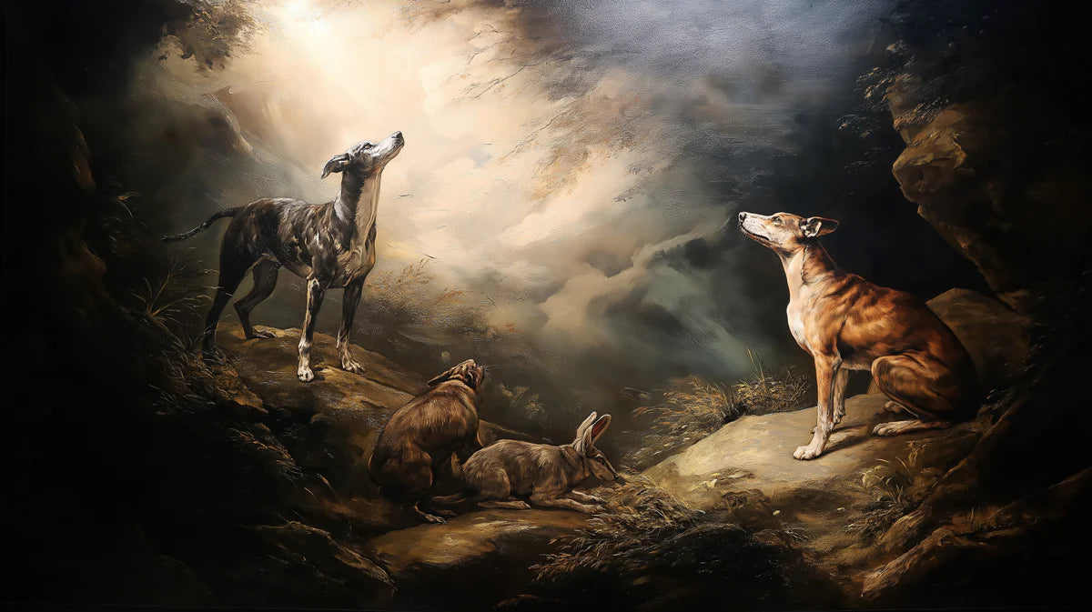 Greyhound Hunting Scene Mural Wallpaper — Dramatic Baroque Oil Painting Mural Wallpaper - room preview 04