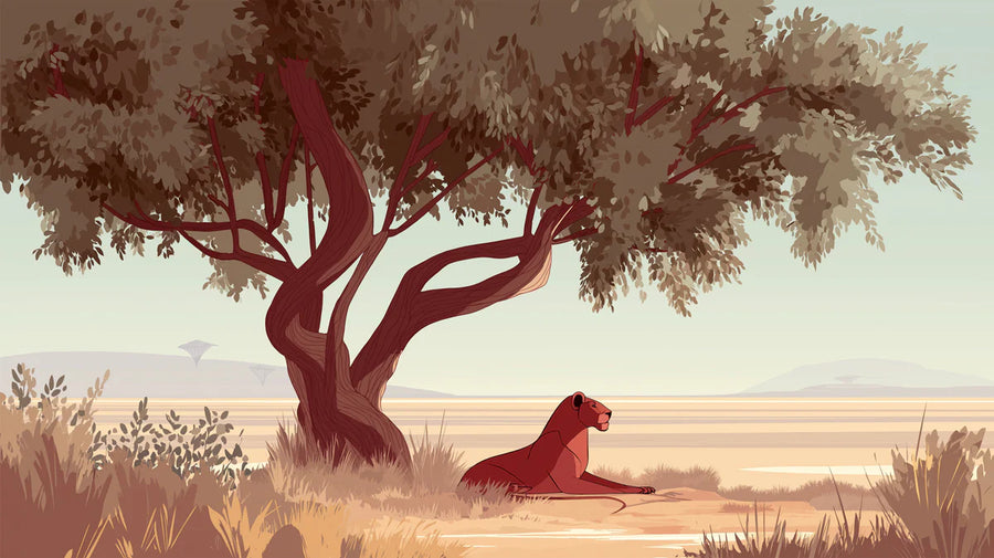Safari Wallpaper Mural – Wild Animals Wall Mural – Minimalist Lioness Safari — Earthy Savanna Scene printable artwork