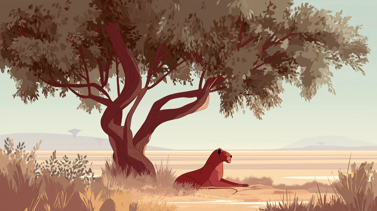 Minimalist Lioness Safari Mural Wallpaper — Earthy Savanna Scene Mural Wallpaper - room preview 04