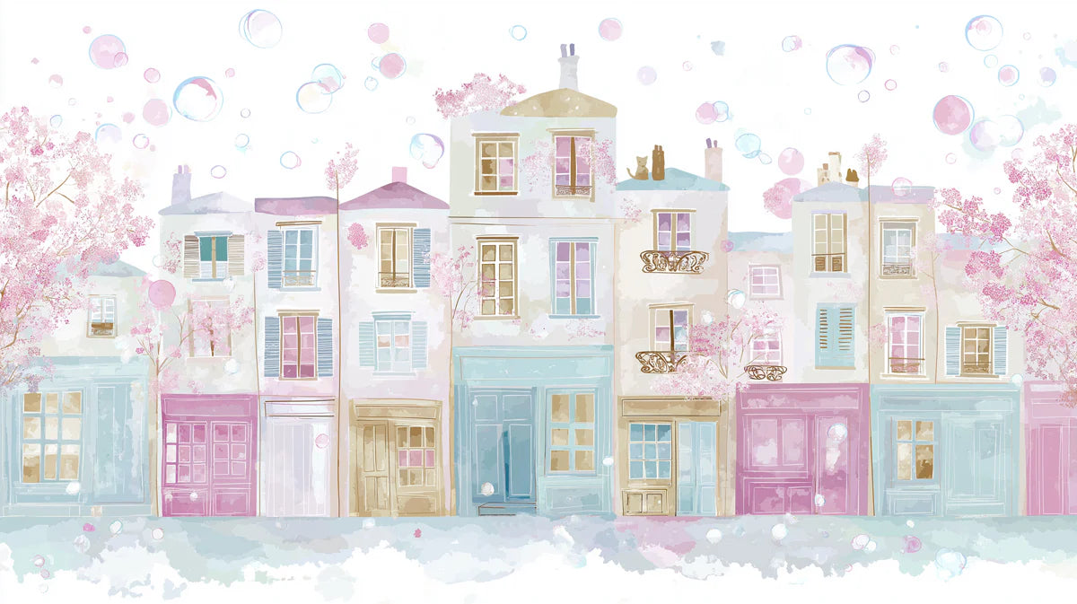 Parisian Spring Street Mural Wallpaper — Whimsical Watercolor Art Mural Wallpaper - room preview 04