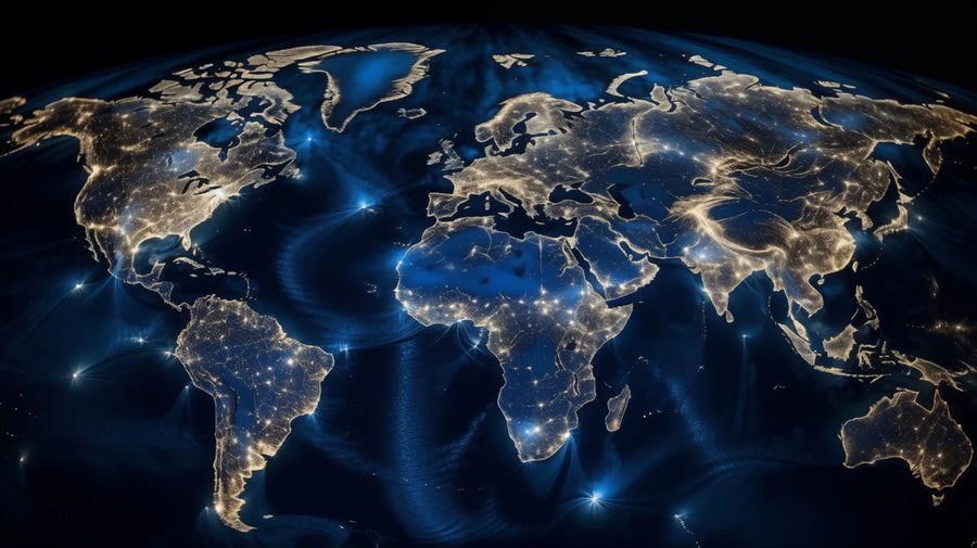World Map Wallpaper Mural – Map Wall Mural – Global Night Lights Map — Spherical Earth Design printable artwork