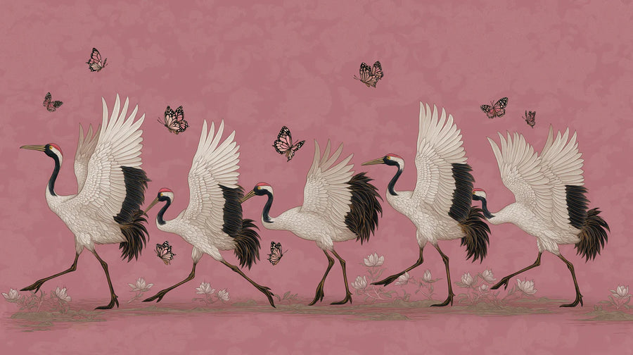 Chinoiserie Wallpaper Mural – Chinese Style Wall Mural – Dancing Cranes and Lotus in Mauve Pink printable artwork