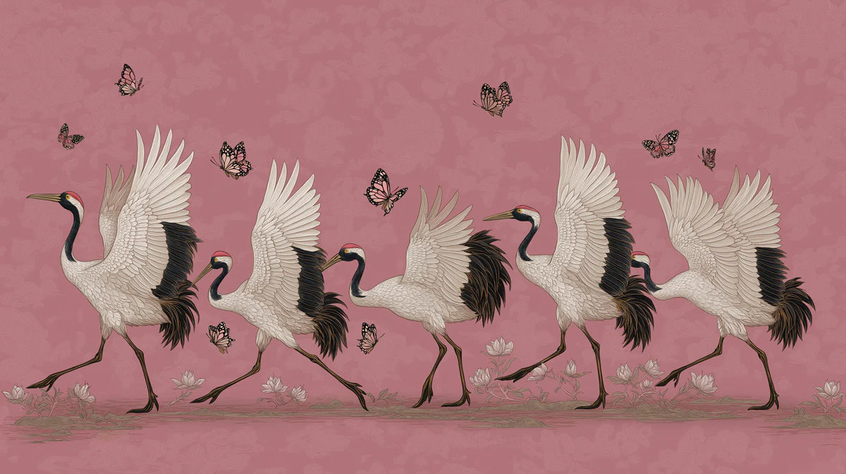 Dancing Cranes and Lotus Mural Wallpaper in Mauve Pink Mural Wallpaper - room preview 04