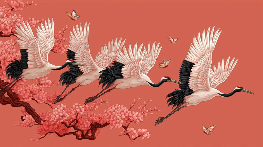 Maximalist Wallpaper Mural – Bold Colorful Wall Mural – Flying Cranes and Cherry Blossoms — Vibrant Asian Art printable artwork