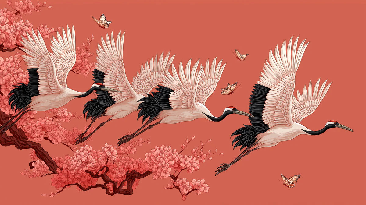 Flying Cranes and Cherry Blossoms Mural Wallpaper — Vibrant Asian Art Mural Wallpaper - room preview 04