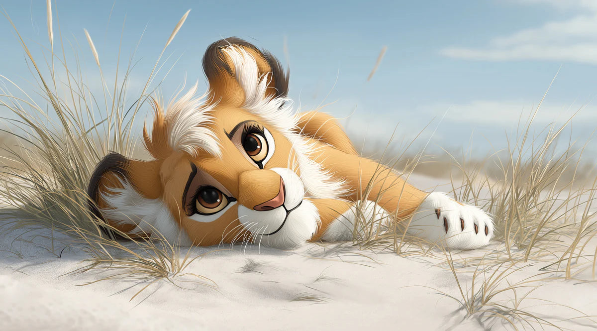 Lion Cub in Beach Dunes Mural Wallpaper — Soft Realistic Illustration Mural Wallpaper - room preview 04