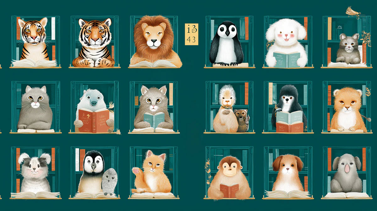 Literary Animals Library Mural Wallpaper — Whimsical Teal Bookshelf Mural Wallpaper - room preview 04