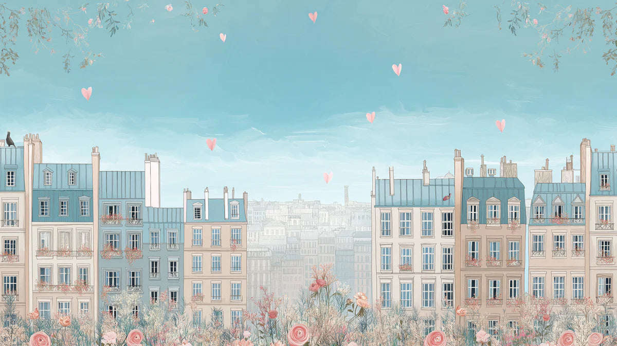 Parisian Morning Cityscape Mural Wallpaper — Whimsical Pastel View Mural Wallpaper - room preview 04