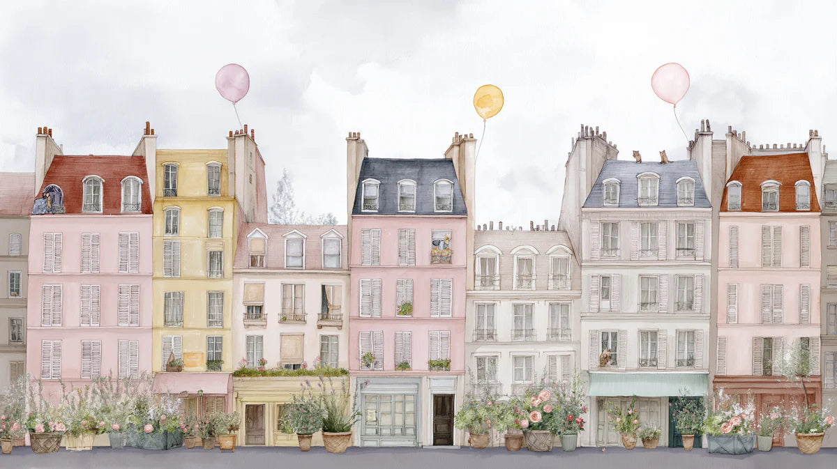 Watercolor Townscape Mural Wallpaper — Whimsical European Street Art Mural Wallpaper - room preview 04