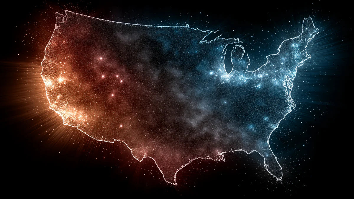 Cosmic USA Map Mural Wallpaper Glowing Stars, Red White and Blue, Abstract Nebula Art Mural Wallpaper - room preview 04