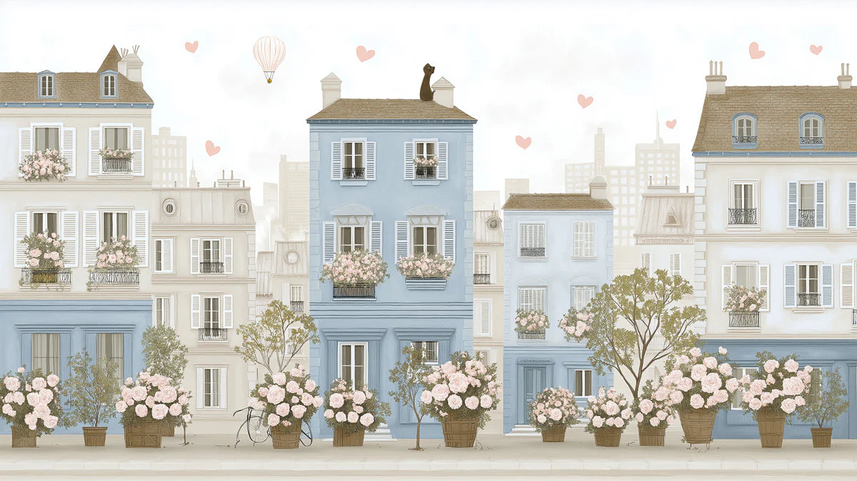 Parisian Street Scene Mural Wallpaper — Soft Floral Illustration Mural Wallpaper - room preview 04