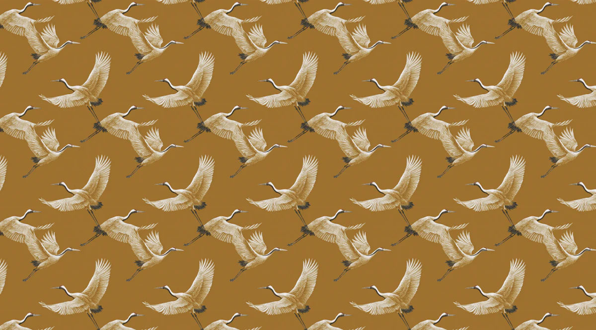 Flying Cranes Mural Wallpaper — Ochre and Cream Traditional Pattern Mural Wallpaper - room preview 04