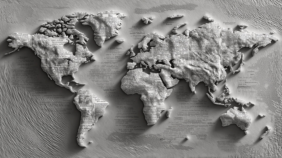 World Map Wallpaper Mural – Map Wall Mural – Textured Newsprint World Map — Monochrome Relief Art printable artwork