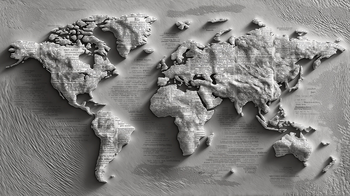 Textured Newsprint World Map Mural Wallpaper — Monochrome Relief Art Mural Wallpaper - room preview 04