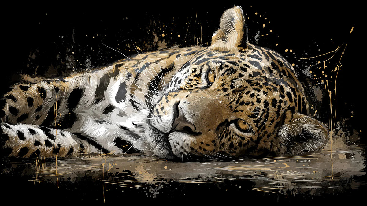 Resting Jaguar Mural Wallpaper — Moody Gold and Charcoal Wildlife Mural Wallpaper - room preview 04