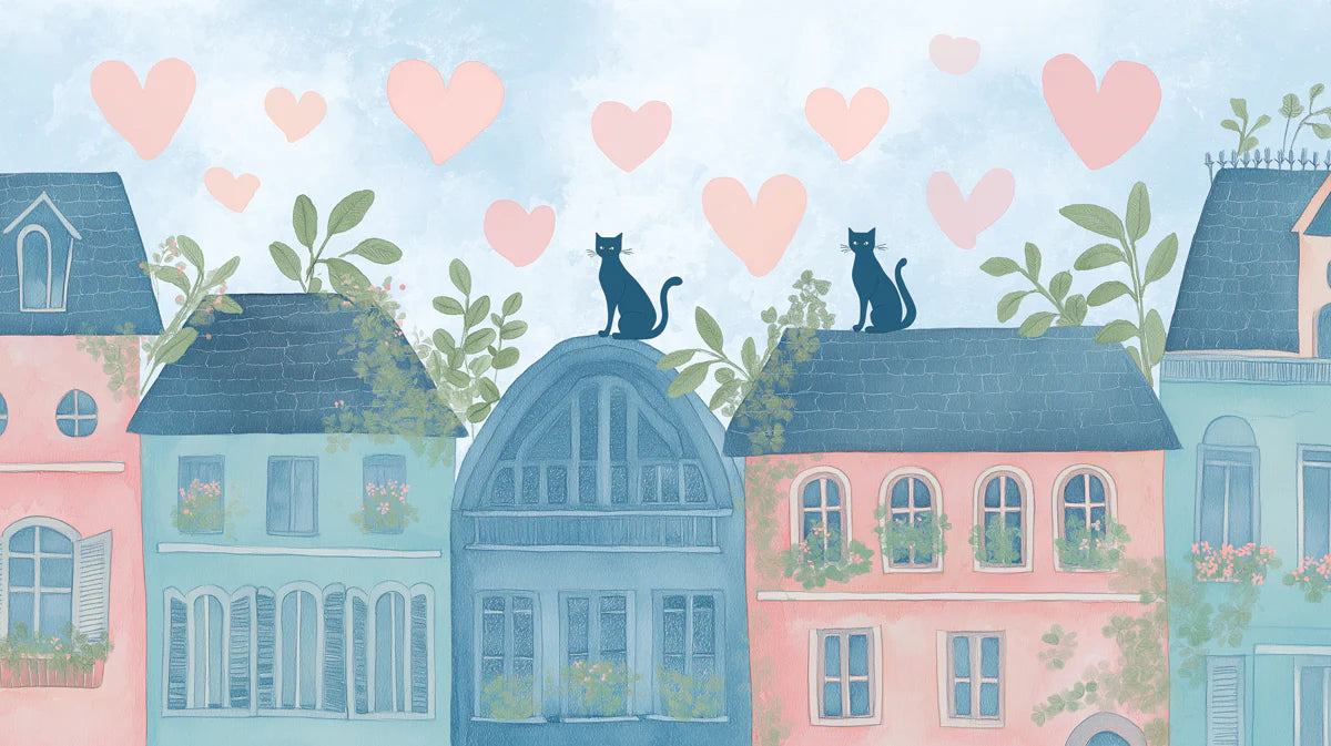 Pastel Rooftop Cats Mural Wallpaper — Whimsical City Illustration Mural Wallpaper - room preview 04