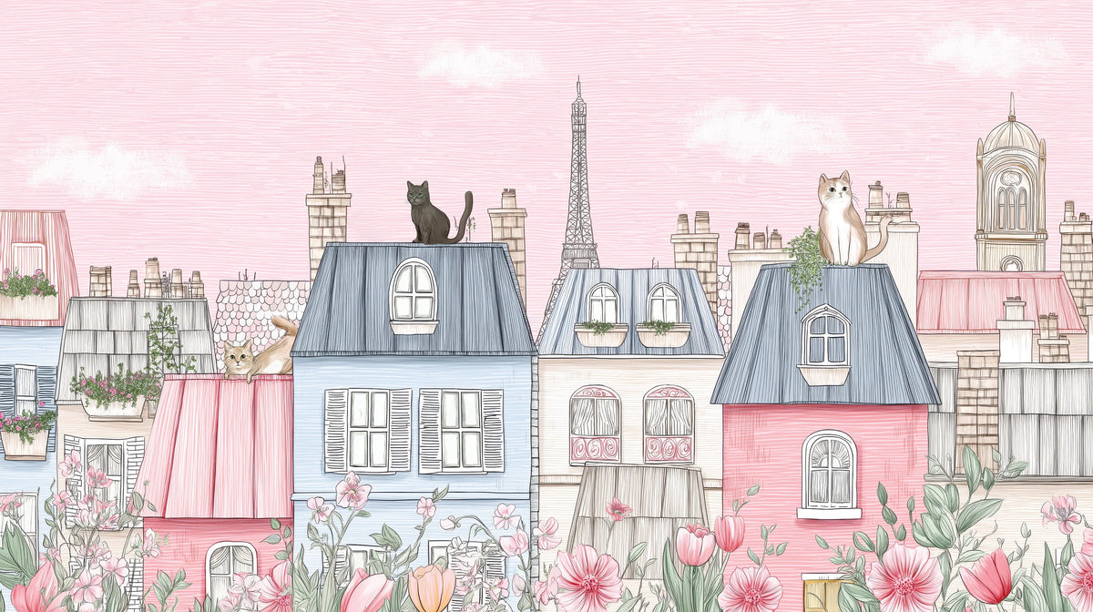 Parisian Rooftop Cityscape Mural Wallpaper —Whimsical Sketch Style Mural Wallpaper - room preview 04