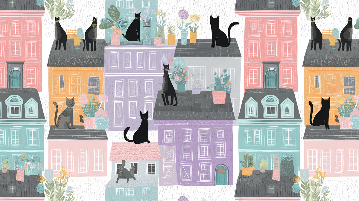 Parisian Cats Mural Wallpaper — Whimsical Townhouse Pattern Mural Wallpaper - room preview 04