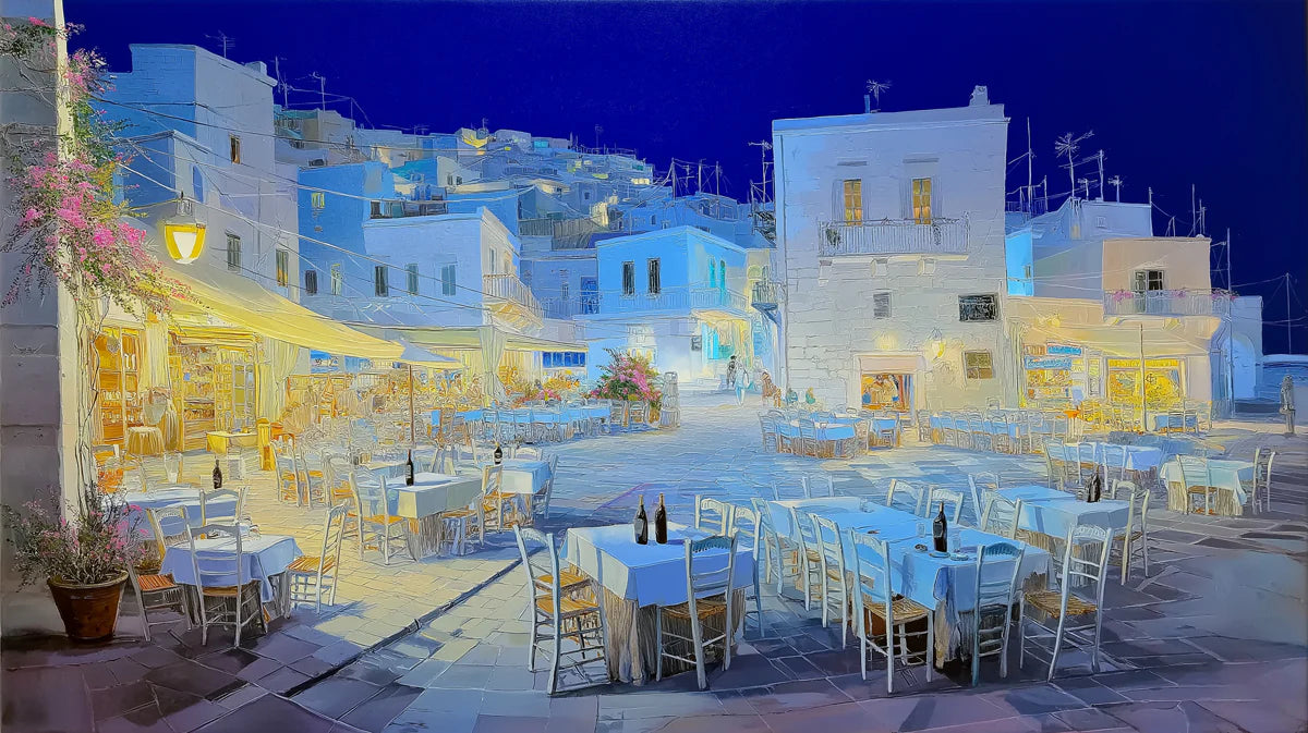 Aegean Night Village Mural Wallpaper — Impressionistic Island Scene Mural Wallpaper - room preview 04