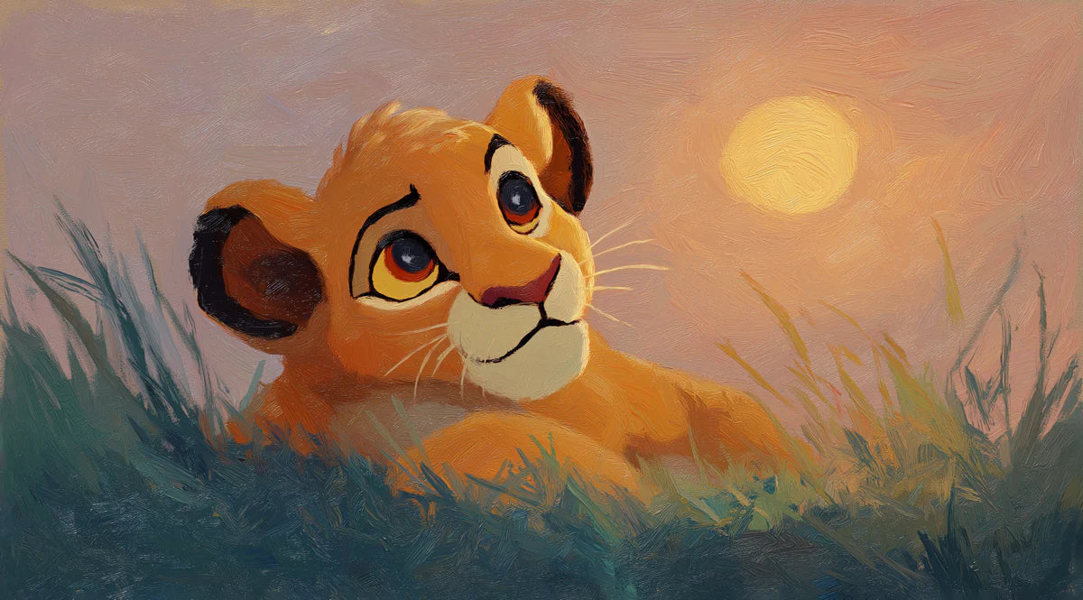 Lion Cub Sunrise Mural Wallpaper — Impressionistic Oil Painting Style Mural Wallpaper - room preview 04