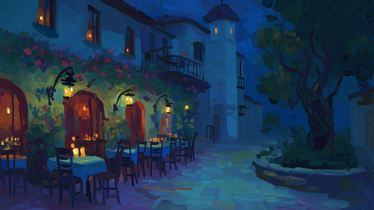Tuscan Courtyard Night Mural Wallpaper Oil Painting Wall Art Mural Wallpaper - room preview 04