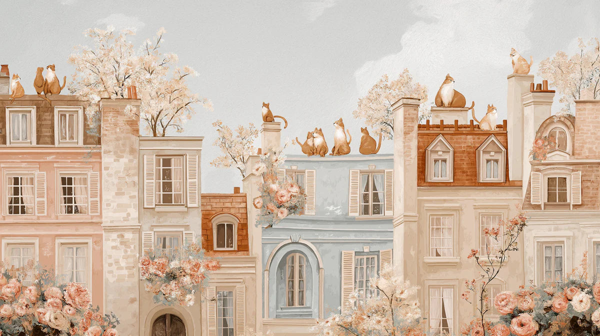 Terrace Cats Cityscape Mural Wallpaper — Warm Painterly European Vibe Mural Wallpaper - room preview 04