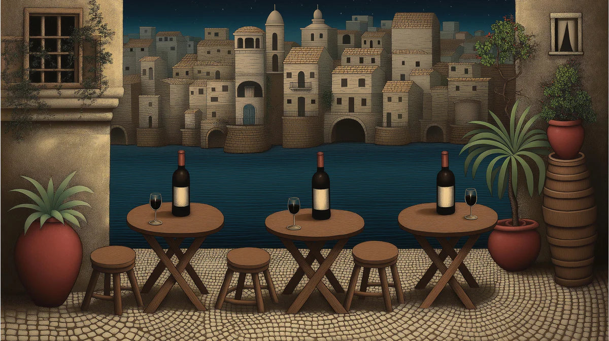Mediterranean Stone Town Terrace Mural Wallpaper — Nighttime Scene Mural Wallpaper - room preview 04