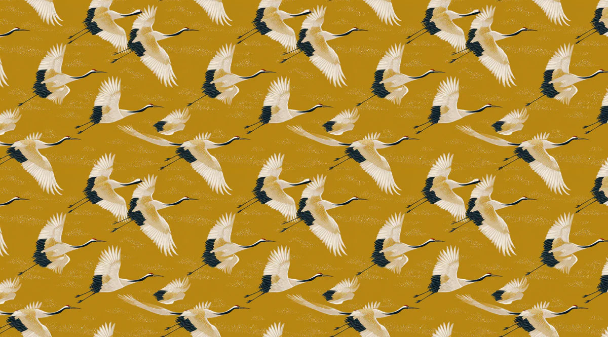 Flying Cranes Mural Wallpaper — Ochre Yellow Chinoiserie Pattern Mural Wallpaper - room preview 04