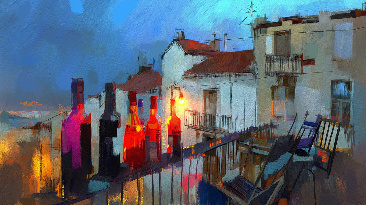 Mediterranean Balcony Night Mural Wallpaper — Artistic Urban Scene Mural Wallpaper - room preview 04