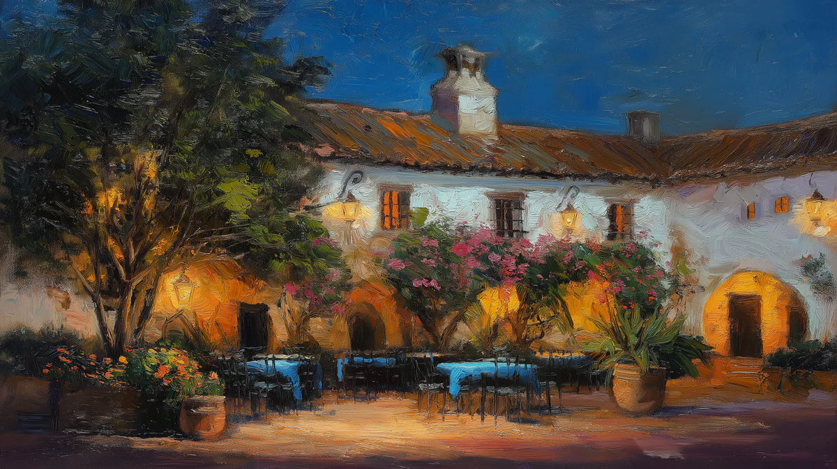 Mediterranean Evening Courtyard Mural Wallpaper — Impressionist Oil Mural Wallpaper - room preview 04