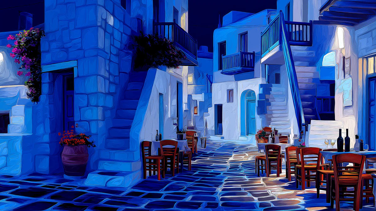 Midnight Greek Alleyway Mural Wallpaper — Impressionistic Style Mural Wallpaper - room preview 04